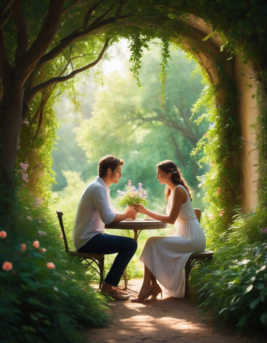 A heartwarming scene depicting a couple in a serene setting, engaged in deep conversation with a backdrop of lush greenery symbolizing growth and intimacy. Gentle sunlight filters through the trees, highlighting their connection, with subtle symbols of love like intertwined vines and blooming flowers around them. The atmosphere is peaceful and nurturing, inviting the viewer to reflect on relationships. soft focus. vibrant colors. super-realistic.