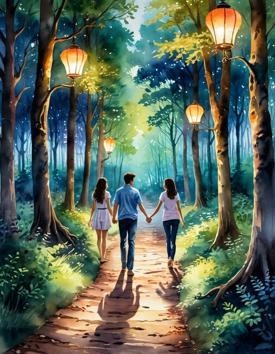A serene path winding through a lush, inviting forest, symbolizing the journey to passionate love. Alongside the path are glowing heart-shaped lanterns, illuminating romantic quotes. In the foreground, a couple walks hand-in-hand, immersed in each other's eyes. Soft light filters through the trees, creating a dreamy atmosphere. watercolor painting. vibrant colors.