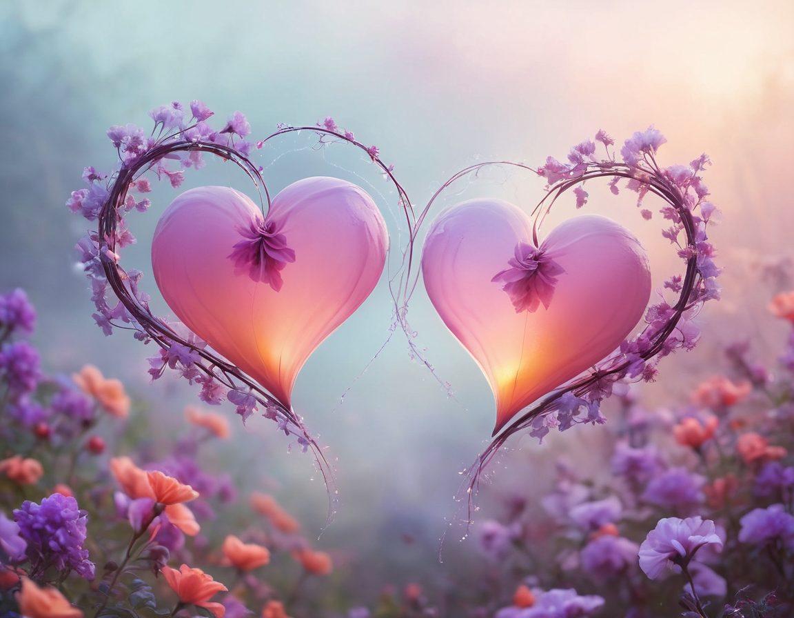 A pair of intertwined hearts glowing with vibrant colors against a misty background, symbolizing passionate love and soulful connections. Dreamy ethereal light illuminating the scene, surrounded by delicate flowers and whispering winds. A subtle aura encapsulating two silhouettes in a gentle embrace, conveying warmth and heartfelt relationships. soft focus. pastel colors. magical realism.